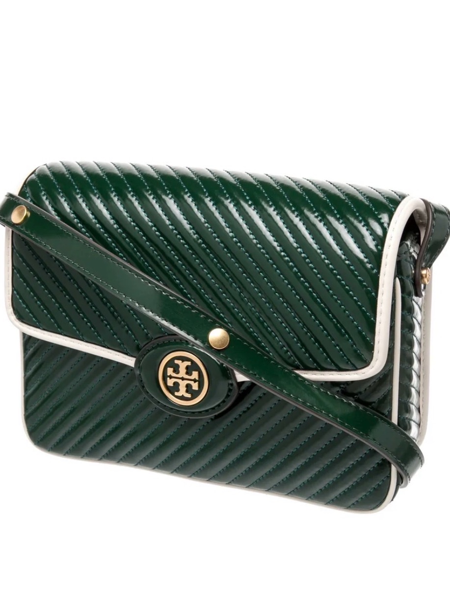 Tory Burch Dark Green Quilted Patent Leather Crossbody With White Trim